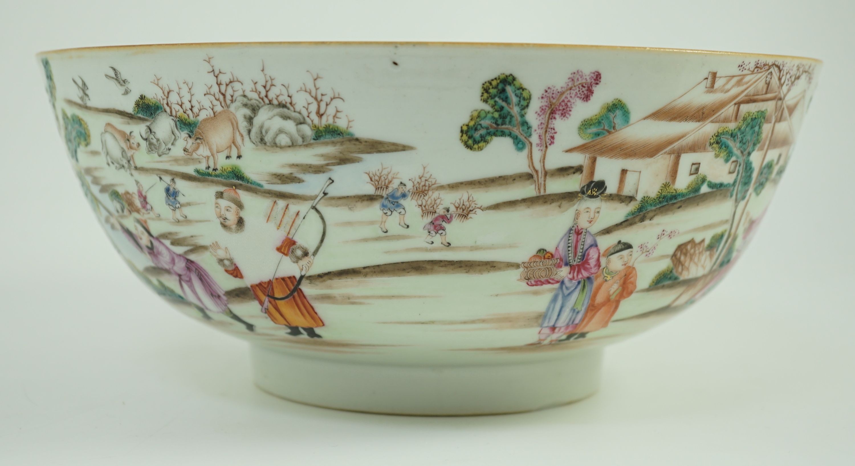 Chinese export famille rose fencai ‘Imperial Hunt’ punch bowl, Qianlong period, 26.4cm diameter